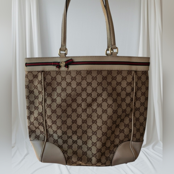 Gucci Monogram Mayfair Web Stripe Bow Tote Bag - Picture 1 of 17
